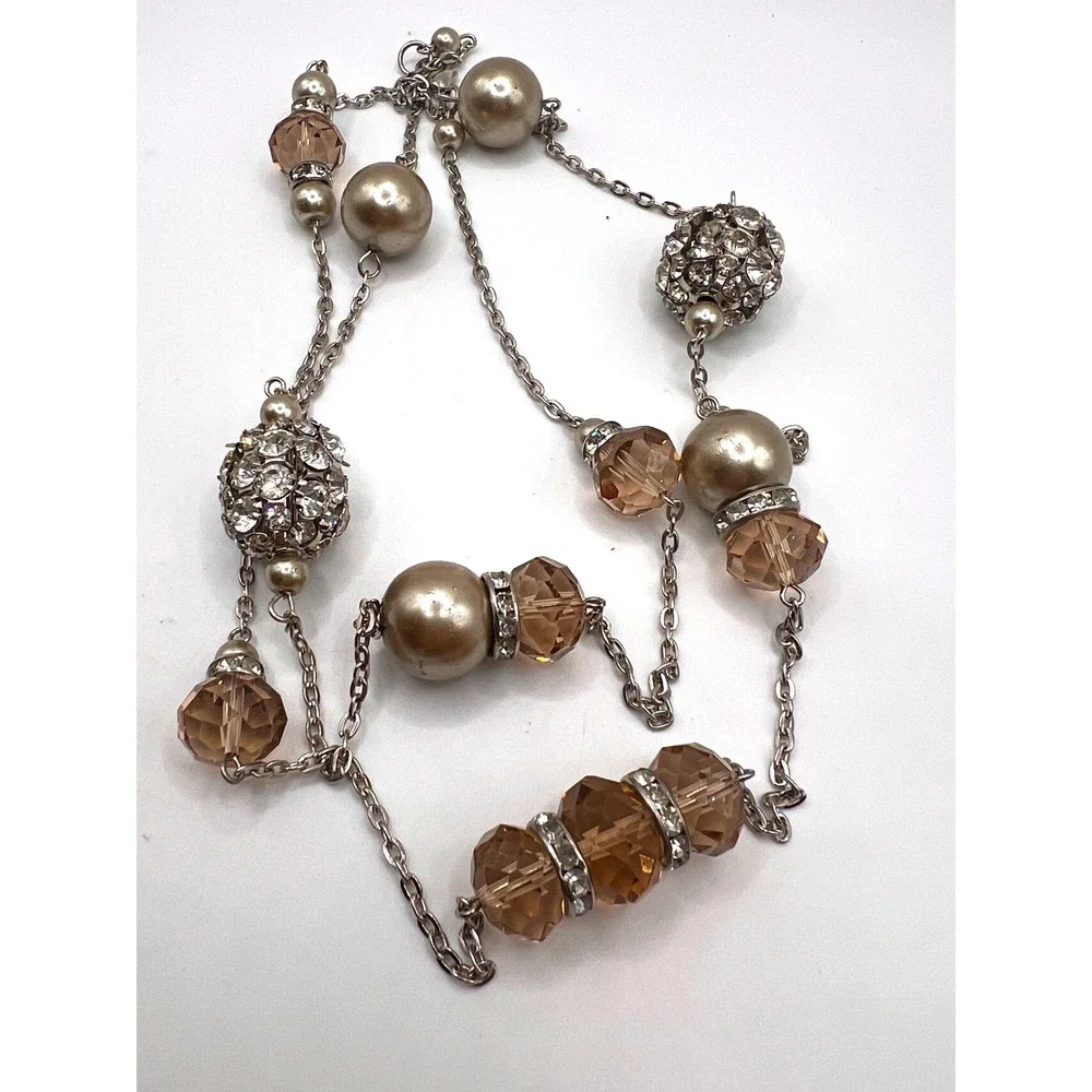 Glamorous‎ Long Champagne Crystal & Faux Pearl Station Necklace Silver Tone 40